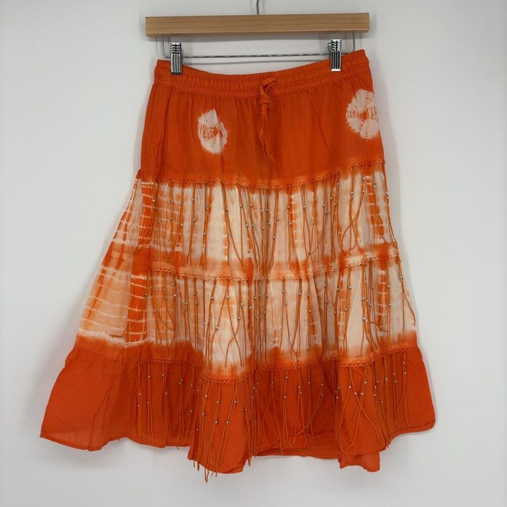 NEELAM boho orange skit with fringe and beading